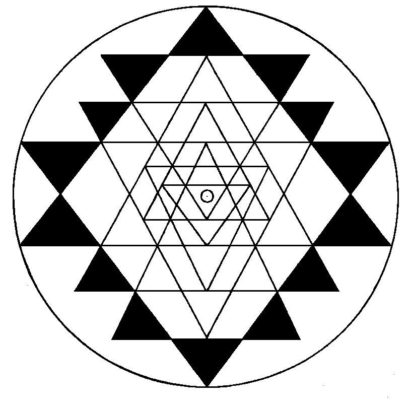 Section 2 Level 1 14-pointed Chakra Sustenance Creation The Inner Design is composed of five downward-pointing and four upward-pointing triangles creating 43 outward-pointing small triangles.