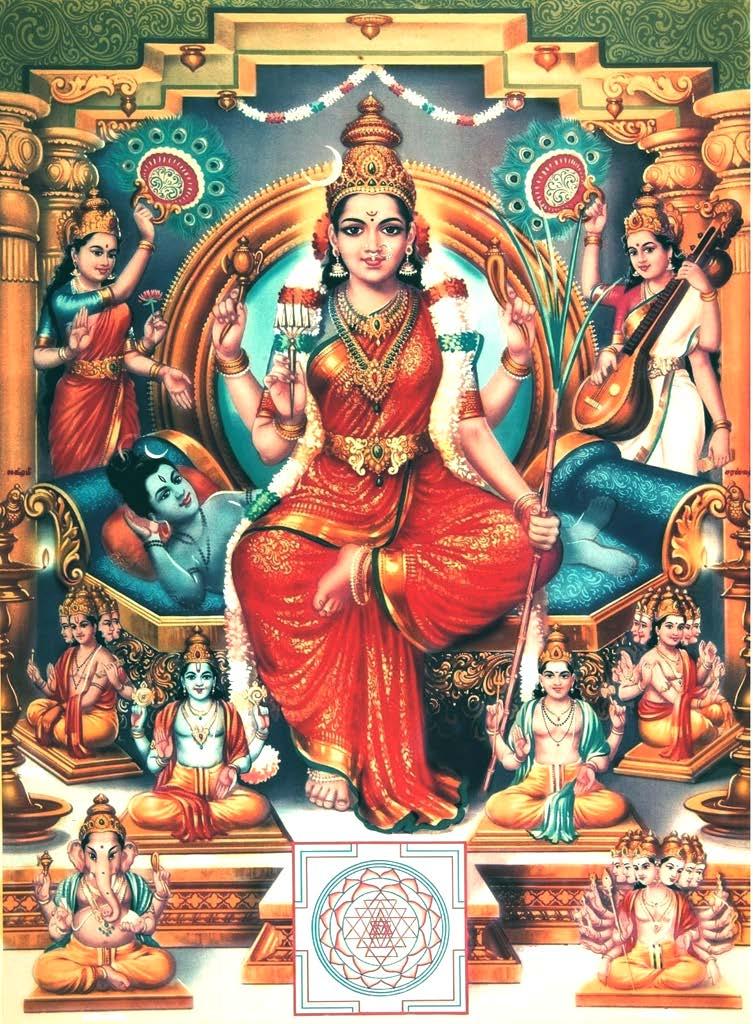 The Goddess Shri Lalitā on the Couch of Five Corpses Shri Brahmā, Vishnu, Shiva, Īshwara and Sadāshiva