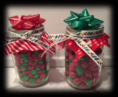 Plain M&M s in one jar and Peanut M&M s in the other jar. Add Ribbon, bow and small material for lid. Make sure you check for peanut allergies for anyone you give the peanut M&M s to.
