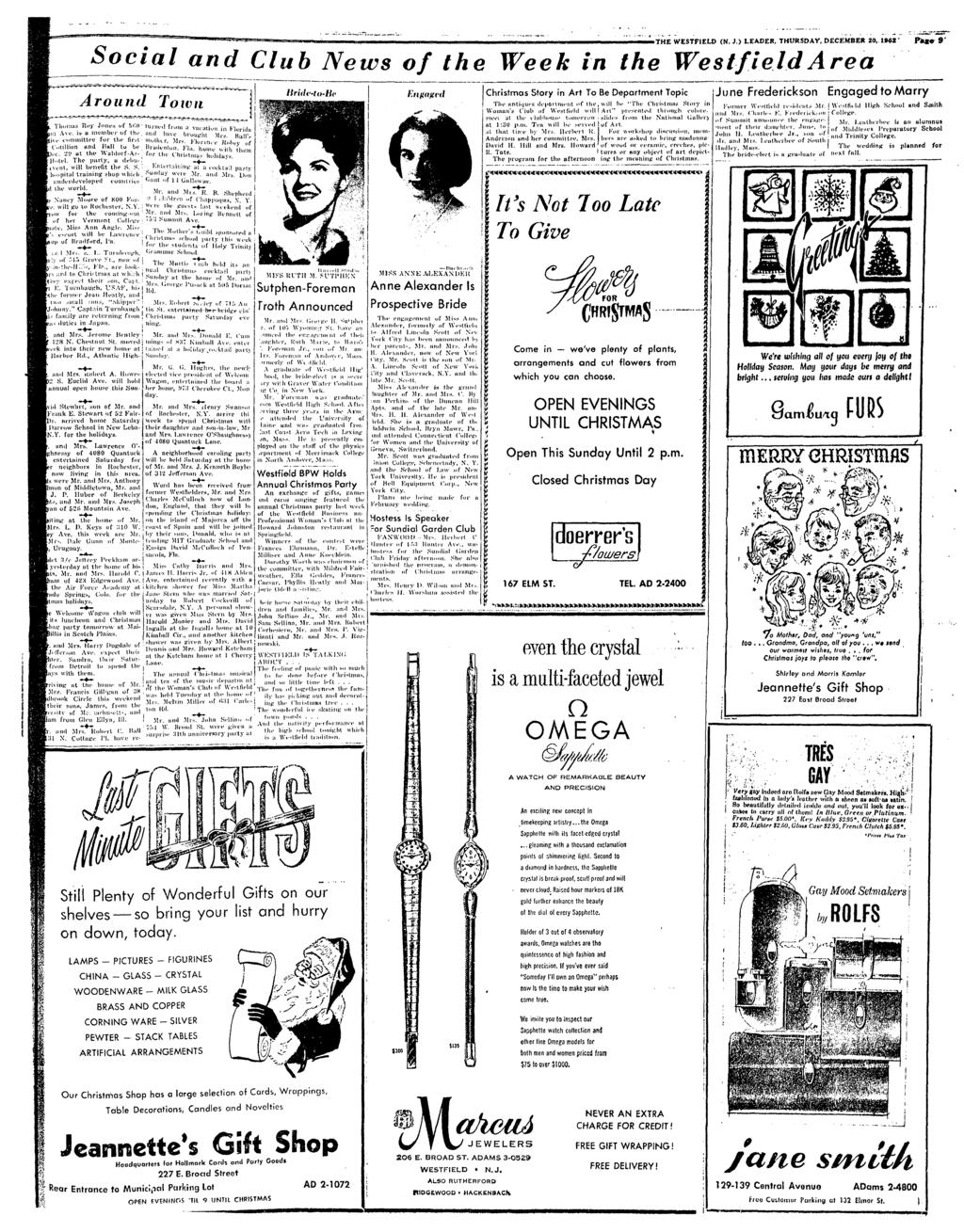 THE WESTFIELO IN. }.) LEADER, THURSDAY, DECEMBER 20, 1962 Pk«e 9' Socal and Club News of the Week n the West-feld Area Around Tovn and Mrs. Ttohcrl C. Hall 1 N. Collarc l'l.