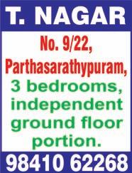 ft, 1 st floor flat, vegetarians only, no brokers, immediate occupation. Ph: 9445359782, 4551 2315. 14-C, Srinivasa Iyengar 1 st Street, 2 bedrooms, hall, kitchen, 600 sq.