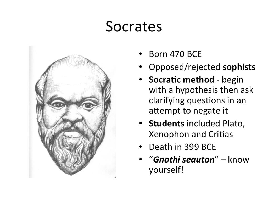 Socrates was a philosopher who emphasized inner reflec3on and self-knowledge ( know thyself ).