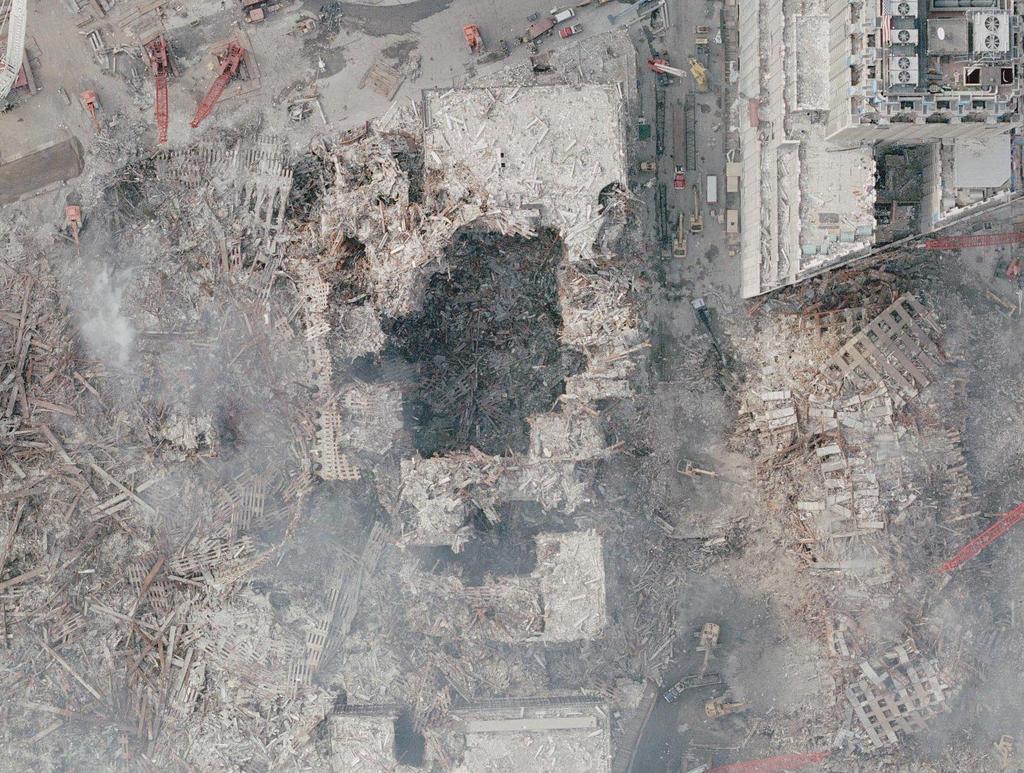 An aerial view of the destroyed 6 World