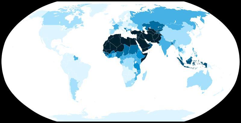 Modern distribution of Muslims World Total 1,800,000,000 24.1% Afghanistan 34,022,437 99.7 Algeria 40,559,748 99.0 Bangladesh 148,607,000 90.4 China 24,690,000 1.8 France 5,720,000 8.