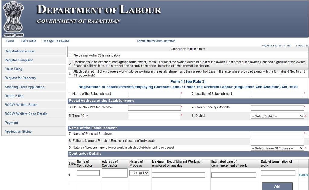 REGISTRATION UNDER THE CONTRACT LABOUR (REGULATION AND ABOLITION) ACT, 1970 PRINCIPAL EMPLOYER/ म य नय त अ ध नयम, 1970 - ठ क म ) व नयमन और उ म लन ( In order to register under THE CONTRACT LABOUR