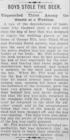The Missing Beer Keg The Salt Lake Herald, November 21, 1901 - Page 2 Online link: https://goo.