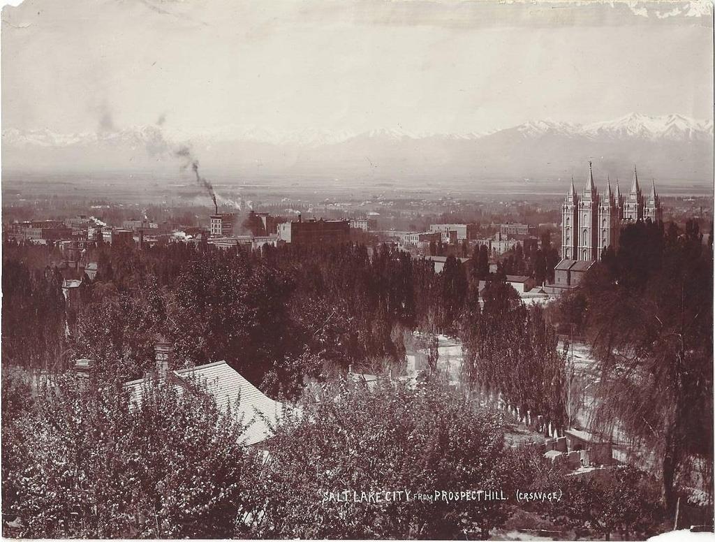 21- Savage, Charles Roscoe. Salt Lake City from Prospect Hill. Salt Lake City: C.R. Savage, Photo, (c.1893). Silver gelatin large format photograph [15 cm x 20 cm] unmounted. Strong contrasts.