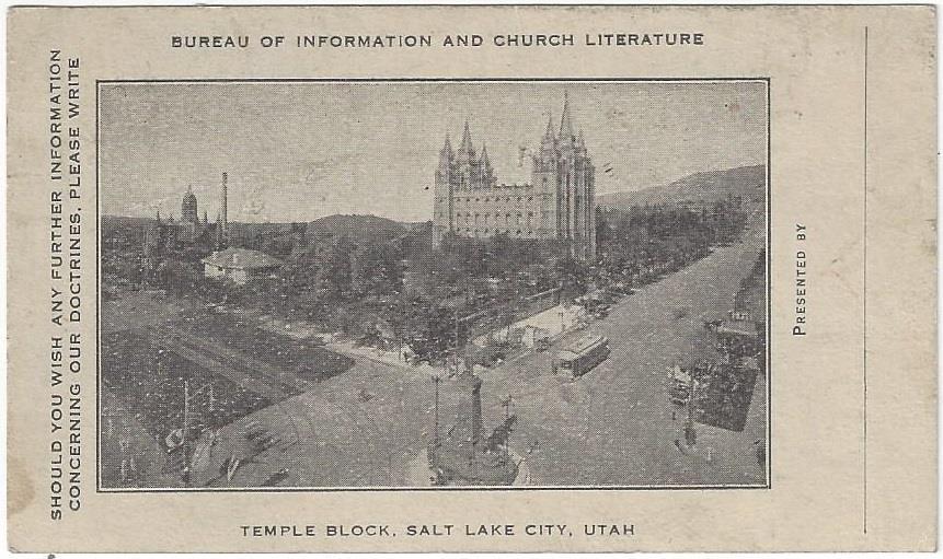 23- [The Church of Jesus Christ of Latter-day Saints]. Bureau of Information and Church Literature [Calling Card]. Salt Lake City: (c.1930). Calling card [6 cm x 11.