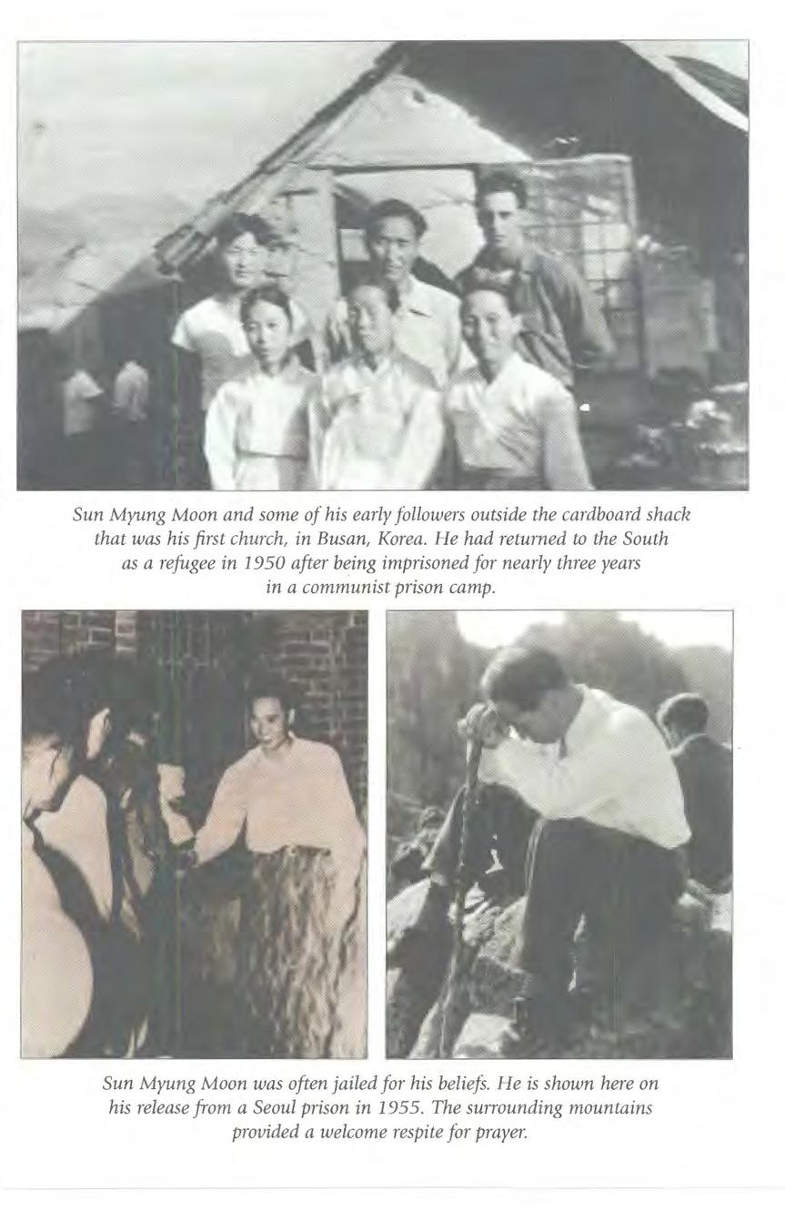 Sun Myung Moon and some of his early followers outside the cardboard shack that was his first church, in Busan, Korea.