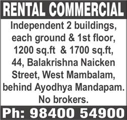 Ph: 97106 94208, 94445 75690. WEST MAMBALAM, Balakrishnan Street, near Ayodhya Mandapam, renovated, 2 bedroomss, hall, kitchen, 800 sq.ft, UDS 400 sq.