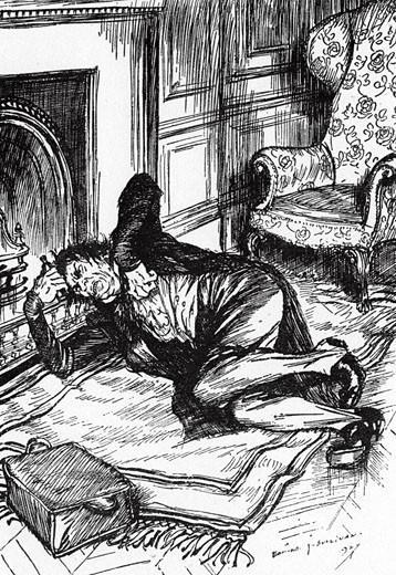 Inside, lying on the floor, there is a small, deformed person wearing Jekyll's clothes. He is twitching and holding a vial.