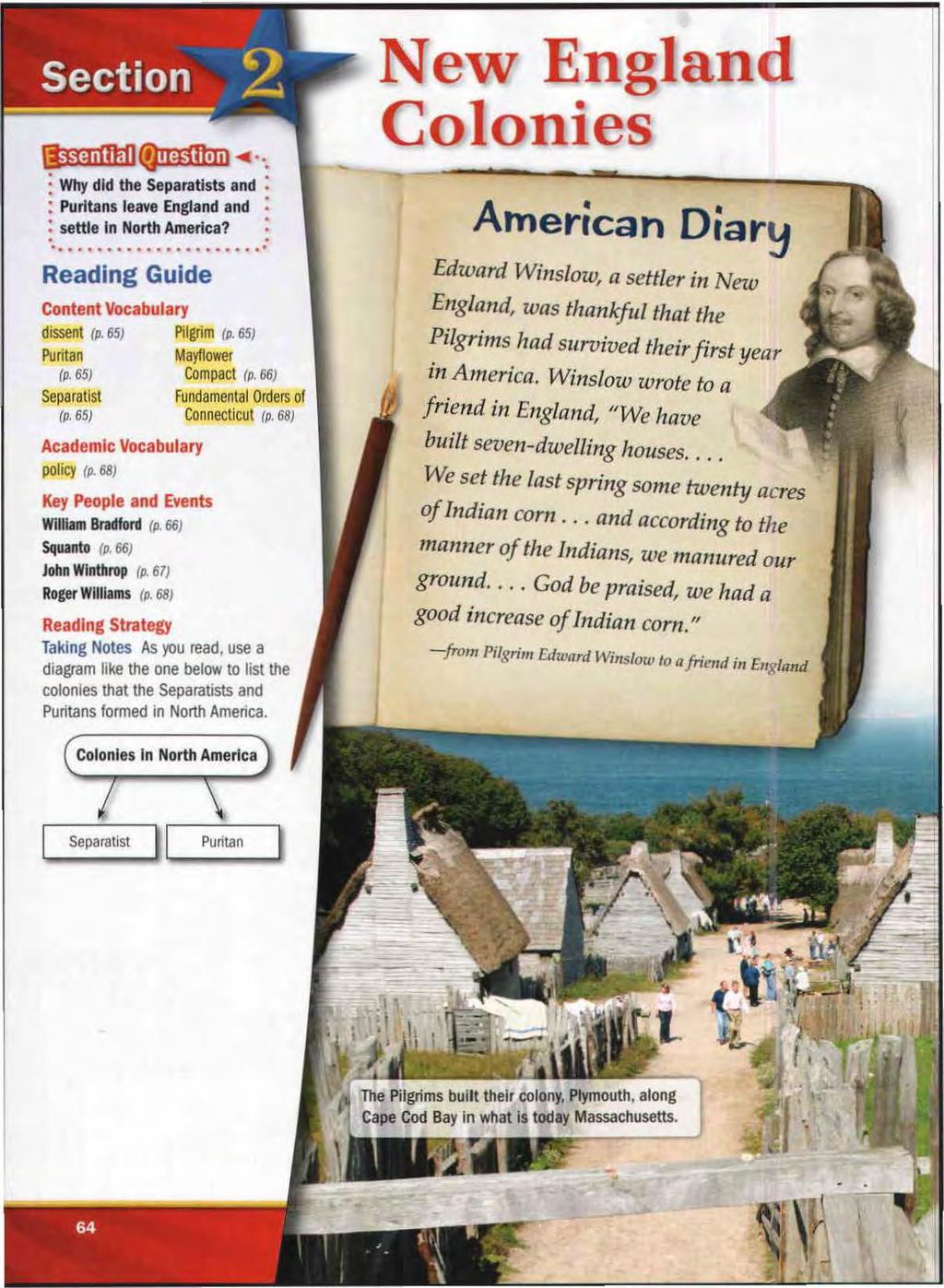 ~~~ : : Why did the Separatists and : : Puritans leave England and : : settle In North America?............ Reading Guide Content Vocabulary dissent (p. 65} Pilgrim (p. 65} Puritan Mayflower (p.