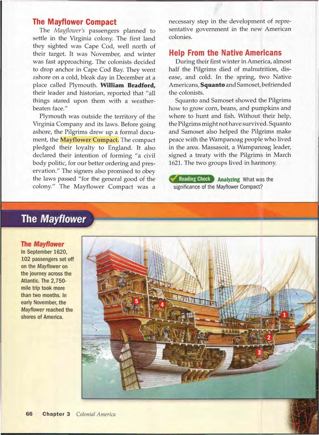 The Mayflower Compact The Mayflower's passengers planned to settle in the Virginia colony. The first land they sighted was Cape Cod, well north of their target.