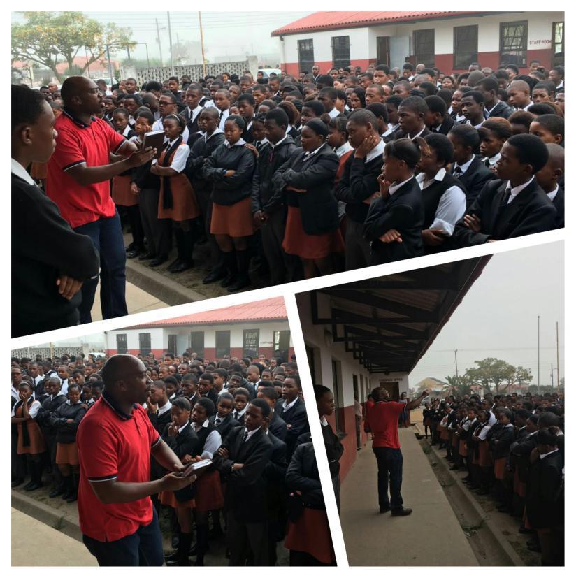 za Aug/Sept 2016 News Letter Self Leadership This is Dumasani sharing the Good News of the Gospel at an assembly meeting in one of the schools he is currently involved in with the Self Leadership