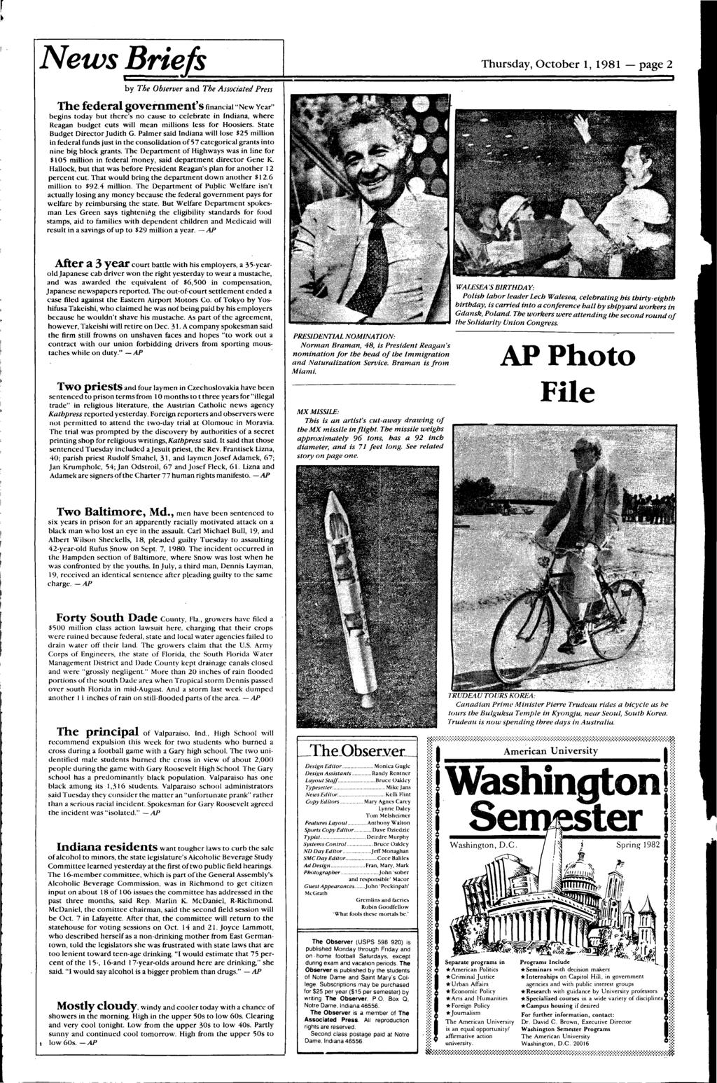 News Brie/ by The Observer and The Associaed Press Thursday, Ocober 1, 1981 -page 2 The federal govein.