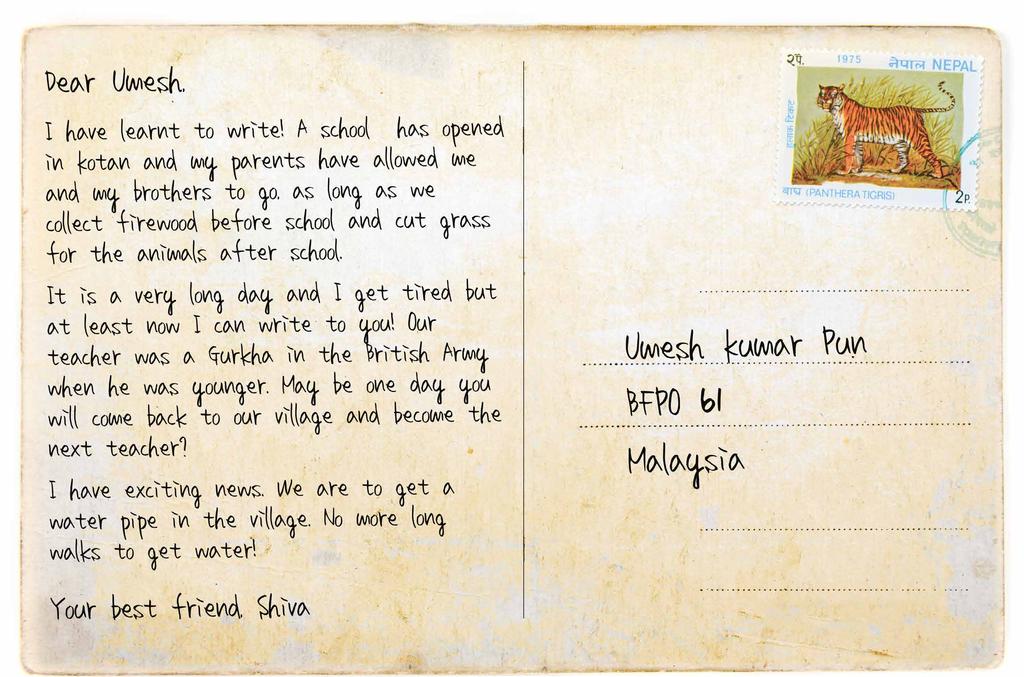 RECAP: WHAT YOU KNOW SO FAR. The first postcard is from Umesh who is a Gurkha (soldier) in the British Army.
