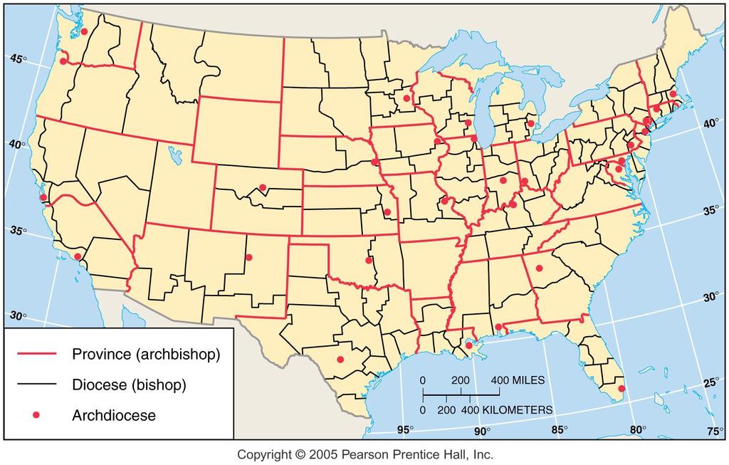 Roman Catholic Hierarchy in U.S. Fig. 6-13: The Catholic Church divides the U.S. into provinces headed by archbishops.