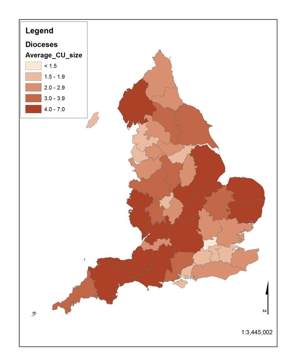 Figure 1: Average size of Church Unit From Tables 2 and 3, and Figure 1 above, it can be seen that the more rural areas have more churches per benefice than dioceses in urban areas.