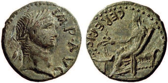 COIN 2 Head of Augustus / Ceres enthroned. 19 mms. There are only two known examples. she holds a cornucopia or torch. The word on the reverse is CERERIS (of Ceres).