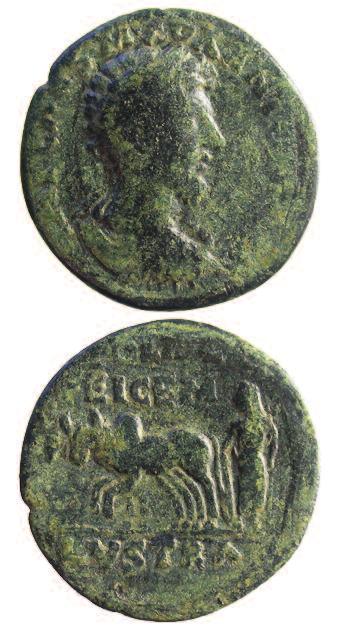 COIN 10 Head of Marcus Aurelius / man ploughing with 2 bulls. 26 mms.
