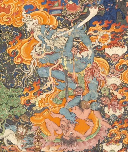 : Mahakala as a Brahman Ascetic In the bottom left is Mahakala in the form of a Brahman ascetic. He is bright blue and dances with a bone flute and a skull cup.