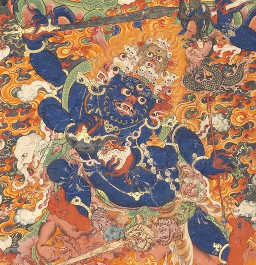 : Four-faced Mahakala In the lower center is Four-faced Mahakala. He has four differently colored faces and four arms, the main ones with a curved knife and skull cup.