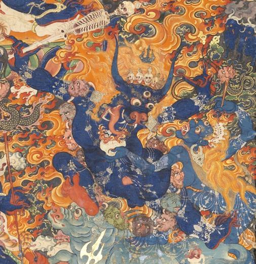 : Yama Dharmaraja At the bottom right is the buffalo-headed Yama Dharmaraja, King of the Dharma, or Buddhist teaching, together with his sister.