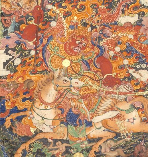 : Sebdrabcen In the bottom-left corner is the earth-spirit Sedrabcen, a local protector of Ganden Monastery, one of the three large monasteries of the Gelug school around Lhasa, Tibet.