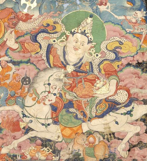 : Tshangpa Karpo In the bottom-right corner is Tshangpa Karpo, the peaceful aspect of Sedrabcen, the deity in the bottom-left corner. He is a white-skinned king with a conch-shaped turban headdress.