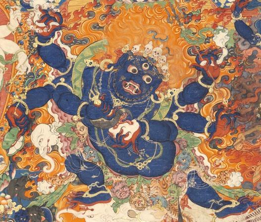 : Six-armed Mahakala At the center of the painting is Six-armed Mahakala, lord of pristine awareness and remover of all obstacles, the principal protector deity of the Gelug School.