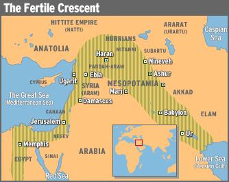Fertile Crescent of river valleys, was cradle of civilization, around 4000 BC.