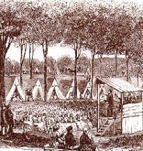 Outdoor evangelical Camp Meetings are a popular new strategy aimed at the common man who lived in rural areas New Protestant Denominations
