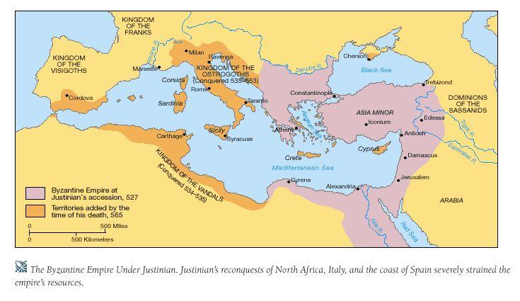 About 50 years after the fall of Western Rome, Justinian came to power in the East; he began reconquering Roman territories lost to the