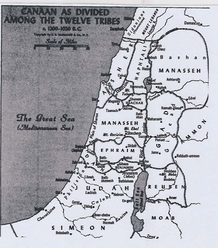 The next map shows the Palestine area during the period when Canaan was divided between the Twelve Tribes, around 1200 BCE, some sixty years after the Exodus.
