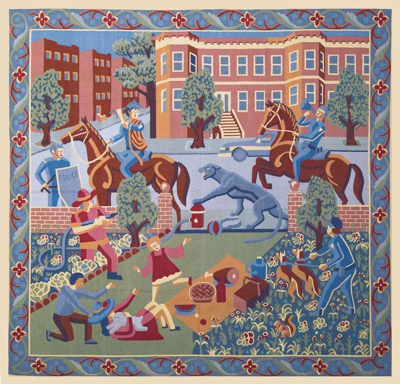 Figure 1 Ido Michaeli, Black Panther Got Loose from the Bronx Zoo, 2017, Handmade tapestry of wool and cotton, 8x8 ft, Edition of 2.