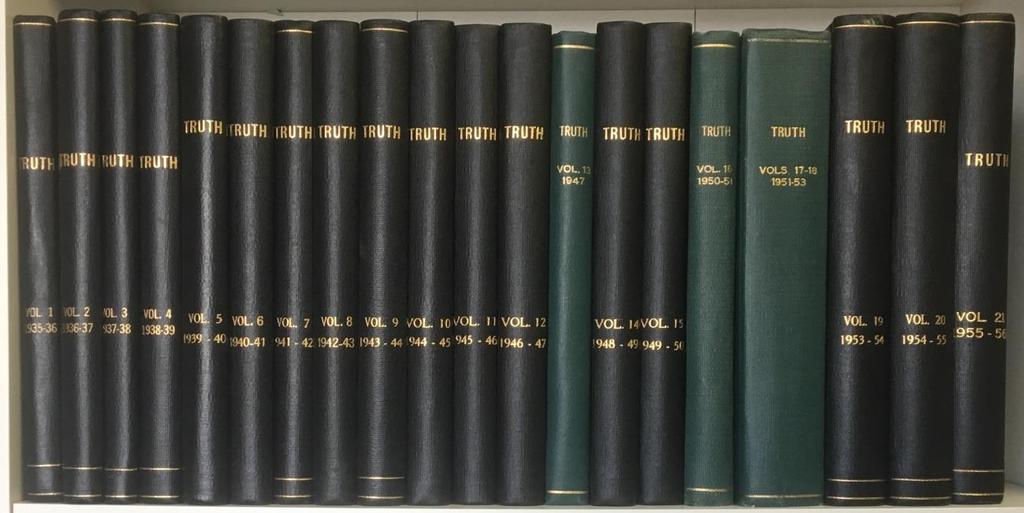 Complete Run of Important Fundamentalist Periodical 13- Musser, Joseph. Truth. Salt Lake City: Truth Publication Company, June, 1935 - May, 1956. 21 volumes complete.