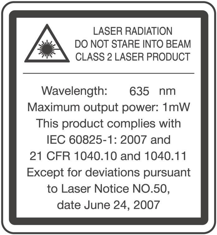 14 Laser information on the product Laser information Laser radiation Do not stare into the beam Class 2 laser 15 Declaration of conformity We declare, on our sole responsibility, that the product