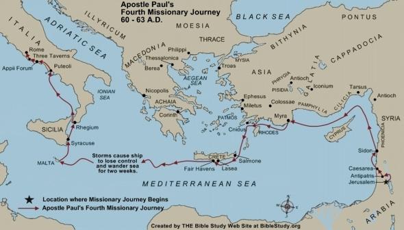 Apostle Paul's Fourth Missionary Journey Footnotes from Paul's Fourth Missionary Journey After spending roughly two years in Caesarea's prison Paul requests, in 60 A.D.