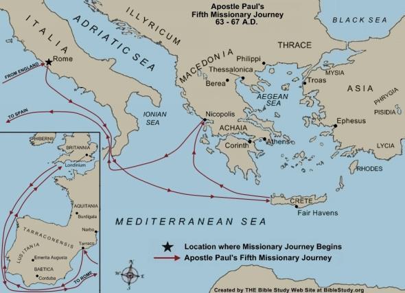 Apostle Paul's Fifth and Final Missionary Journey Footnotes from Paul's Fifth Missionary Journey After Paul was freed from a Roman prison he traveled to the Island of Crete, where he met his fellow