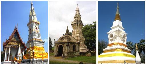 Pagodas in the Phra That Bualeam style with a high base. From left to right: Phra That Phanom, Phra That Renu, Phra That Tautan and Phra That Choeng Chum.