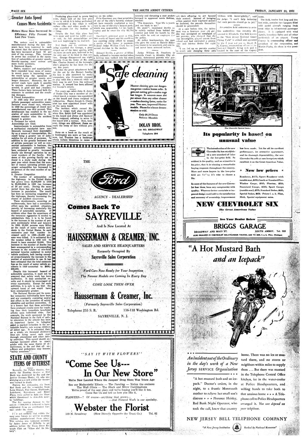 PACE SIX THE SOUTH AMBOY CITIZEN FMDAY, JANUARY 23, 1931 greater Auto Speed Causes More Accdents! 2. Improved Roads.