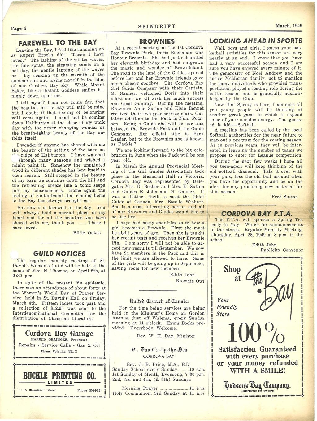 ",...-.,,--,,--..--'-----:-._~:--:--------- Page 4 SPNDRFT March,1949 FAREWELL TO THE BAY Leavng the Bay, feel lke summng up as Rupert Brooks dd: "These have loved.