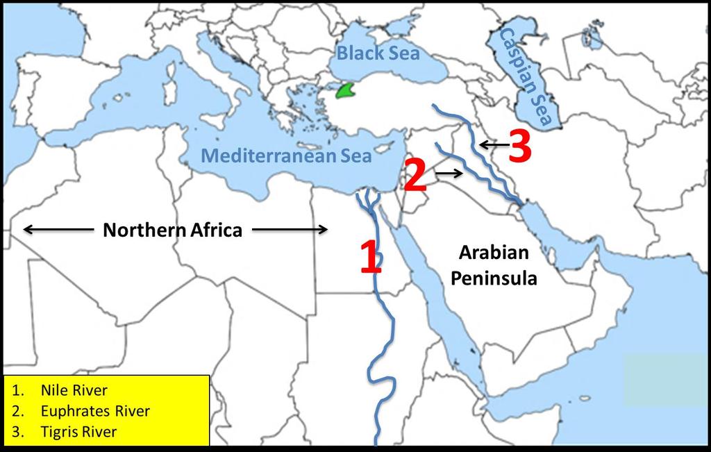 WEEK 1-4 1. What is the largest country on the Arabian Peninsula? (pp. RA16-RA17) 2. What two rivers flow through Iraq? (pp. RA16-RA17) 1. What body of water is located north of Iran? (pp. RA16-RA17) 2. In what direction does the Nile River flow?