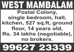 ft, 1 st floor, 2- wheeler parking, price Rs. 6200 per sq.ft. Ph: 91761 30545. KODAMBAKKAM, Rangarajapuram, No.3, Rathinammal Street, Murugesan Nagar, near More Super Market, 2 bedrooms, 1100 sq.