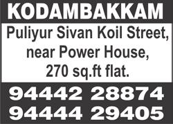40 lakhs (negotiable), cash parties preferred, call after 9 a.m. Agent Sridhar. Ph: 98846 96090. WEST MAMBALAM, Velu Street, 2 bedroom, hall, modular kitchen, 750 sq.ft, ground floor flat, UDS 350 sq.