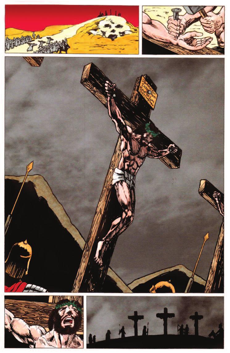 he carried his cross to golgotha, the place of the skull. there, they nailed him to the cross and raised him up high. after a few hours, an unnatural darkness covered the land.