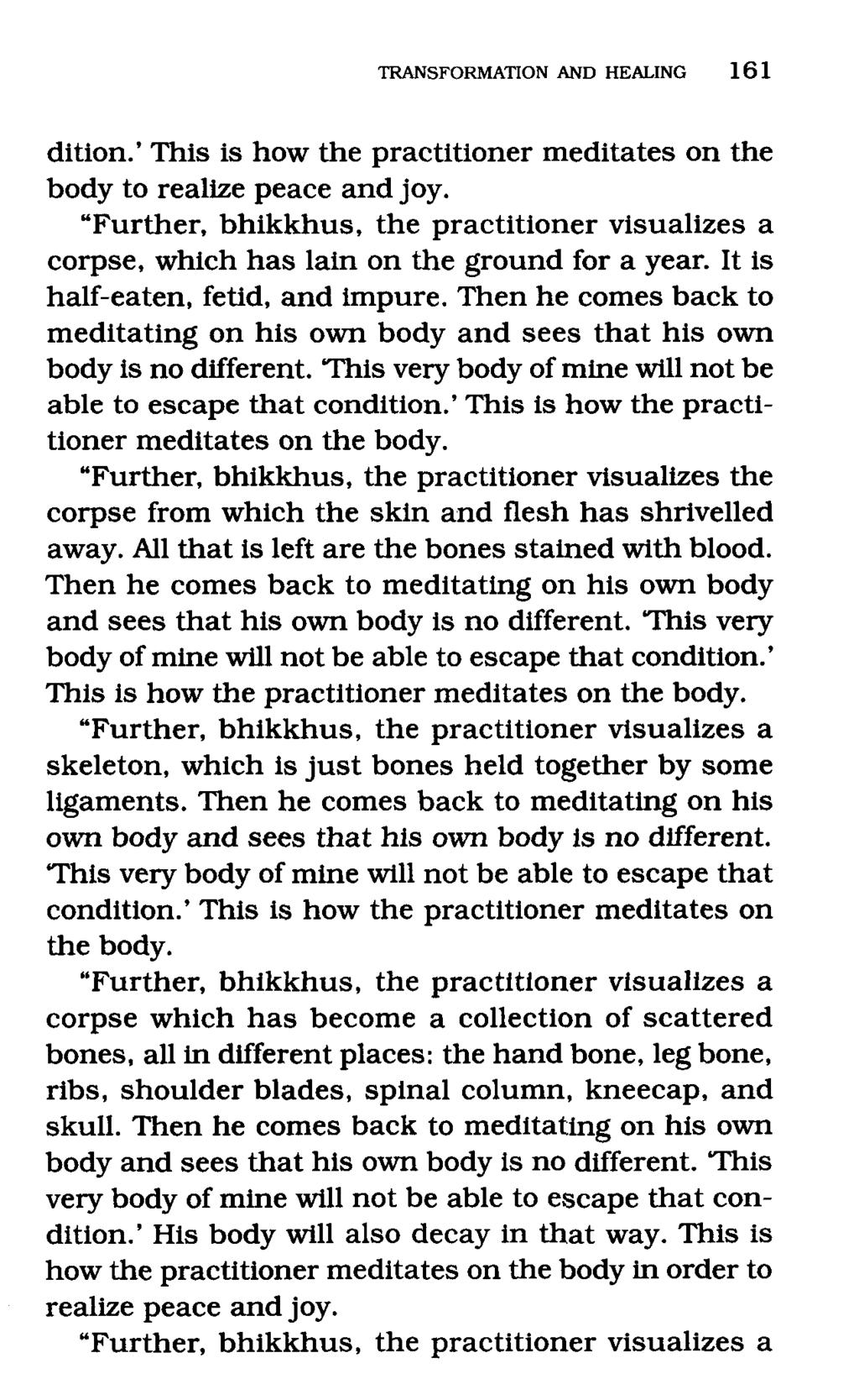 dition.' This is how the practitioner meditates on the body to realize peace and joy. "Further, bhikkhus, the practitioner visualizes a corpse, which has lain on the ground for a year.