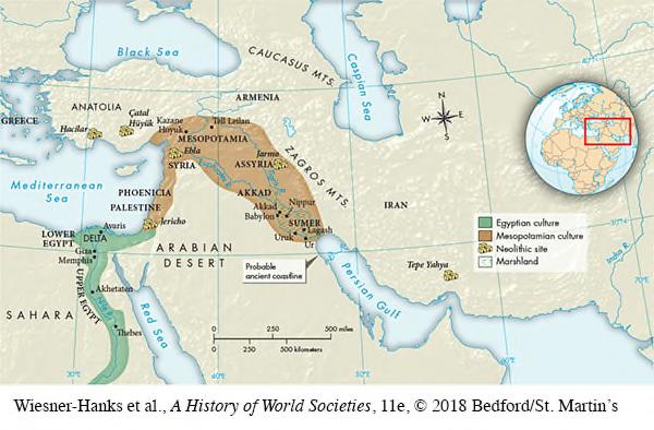 23. According to Map 2.1, Spread of Cultures in Southwest Asia and the Nile Valley, ca. 3000 1640 B.C.E., which major geographic feature did Egypt and Mesopotamia have in common?