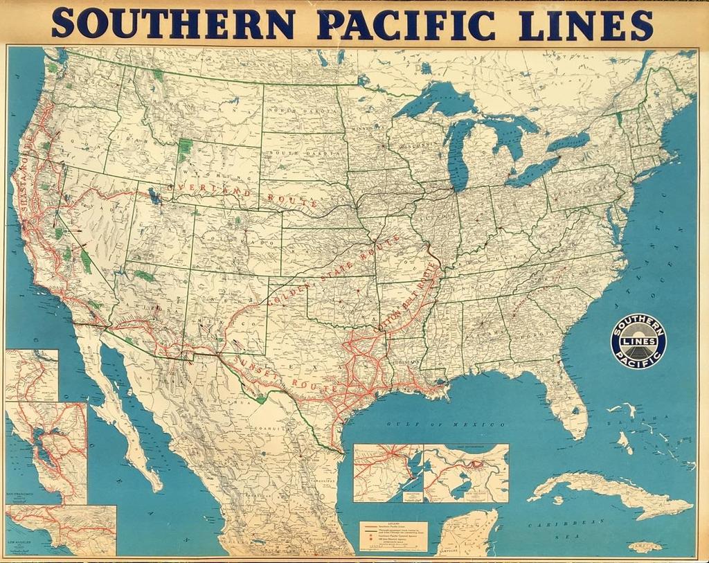 Large Southern Pacific Map 14- [Southern Pacific Rail Road]. Southern Pacific Lines Rail Map. [Chicago]: [Rand McNally & Company], 1952. Large color map [101 cm x 128.