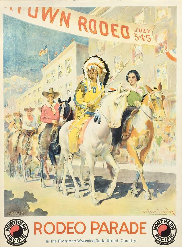Northern Pacific Poster 15- [Northern Pacific] Brewer, Edward Vincent. Northern Pacific. Rodeo Parade in the Montana - Wyoming Dude Ranch Country. Minneapolis: The Jensen Printing Company, [1935].